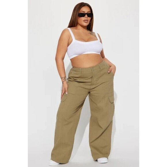 Fashion Nova Own It Contrast Stich Wide Leg Cargo Pants Plus Size 3X Olive - Picture 1 of 6